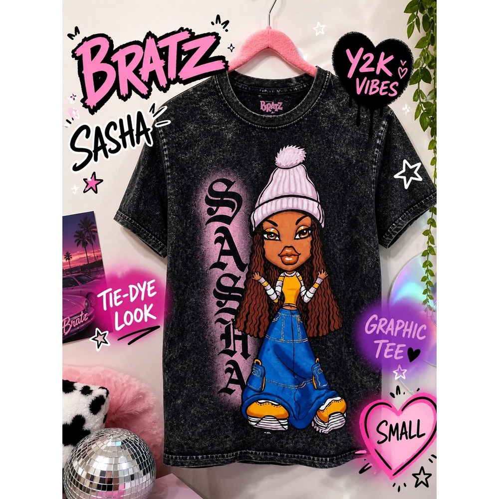 Bratz Sasha Y2K Graphic Tee Black Acid Wash‎ Tie Dye Baby Tee 2000s Streetwear
